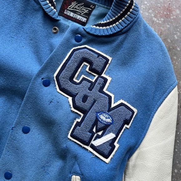 VTG 60s Whiting Los Angeles Blue Wool Leather Sleeve Varsity Letterman Jacket - Picture 2 of 6